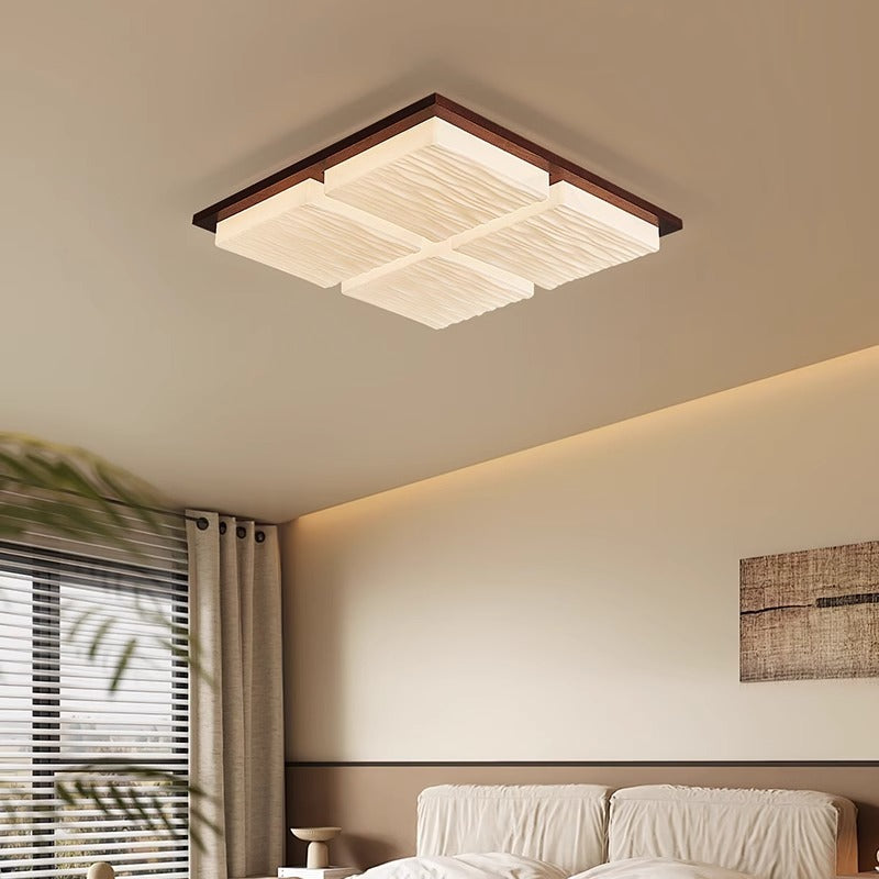 Traditional Japanese Acrylic Wood Base Rectangular Square Blocks Water Grain LED Flush Mount Ceiling Light For Hallway