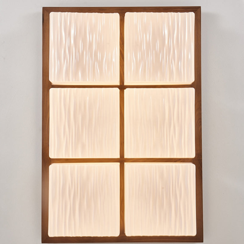 Traditional Japanese Acrylic Wood Base Rectangular Square Blocks Water Grain LED Flush Mount Ceiling Light For Hallway