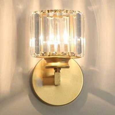 Contemporary Luxury Square Round Ribbed Crystal Hardware 1-Light Wall Sconce Lamp For Living Room