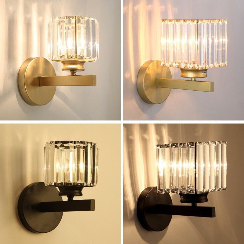 Contemporary Luxury Square Round Ribbed Crystal Hardware 1-Light Wall Sconce Lamp For Living Room