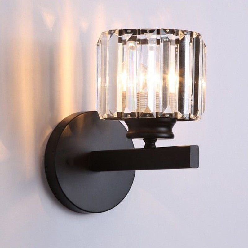 Contemporary Luxury Square Round Ribbed Crystal Hardware 1-Light Wall Sconce Lamp For Living Room