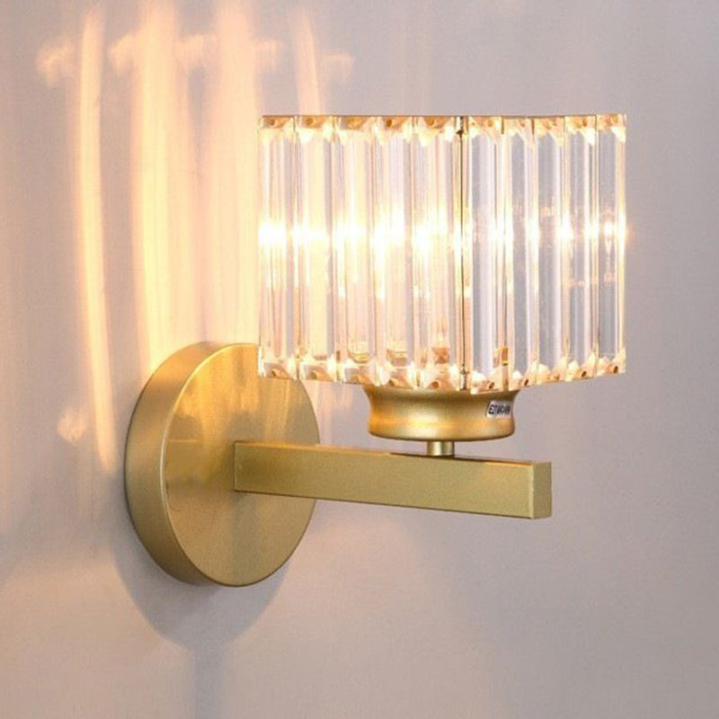 Contemporary Luxury Square Round Ribbed Crystal Hardware 1-Light Wall Sconce Lamp For Living Room