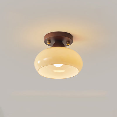 Contemporary Retro Petal Domed Round Vertical Grain Glass Shade Wood Frame 1-Light Semi-Flush Mount Ceiling Light For Living Room