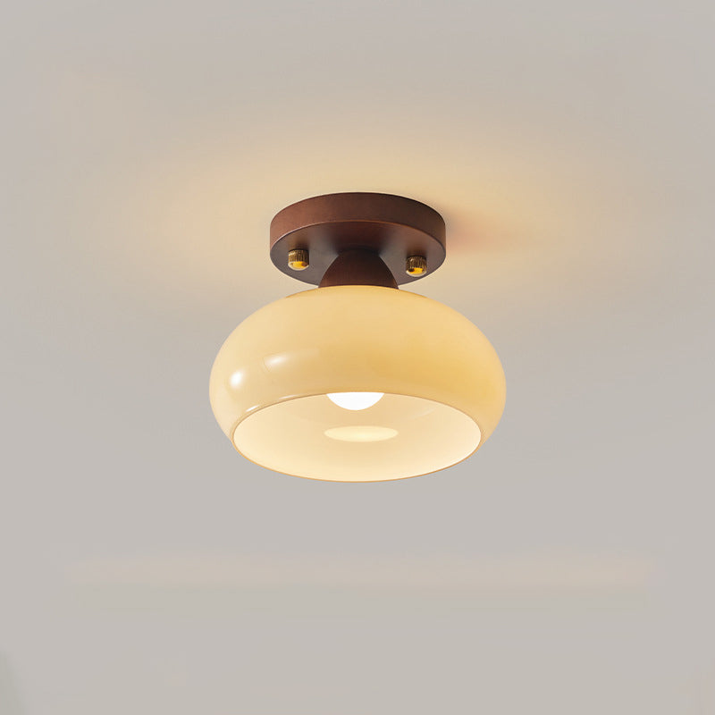 Contemporary Retro Petal Domed Round Vertical Grain Glass Shade Wood Frame 1-Light Semi-Flush Mount Ceiling Light For Living Room