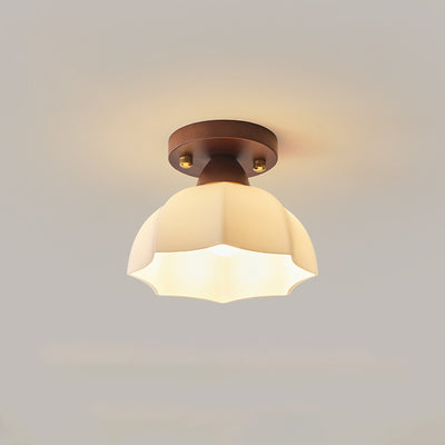 Contemporary Retro Petal Domed Round Vertical Grain Glass Shade Wood Frame 1-Light Semi-Flush Mount Ceiling Light For Living Room
