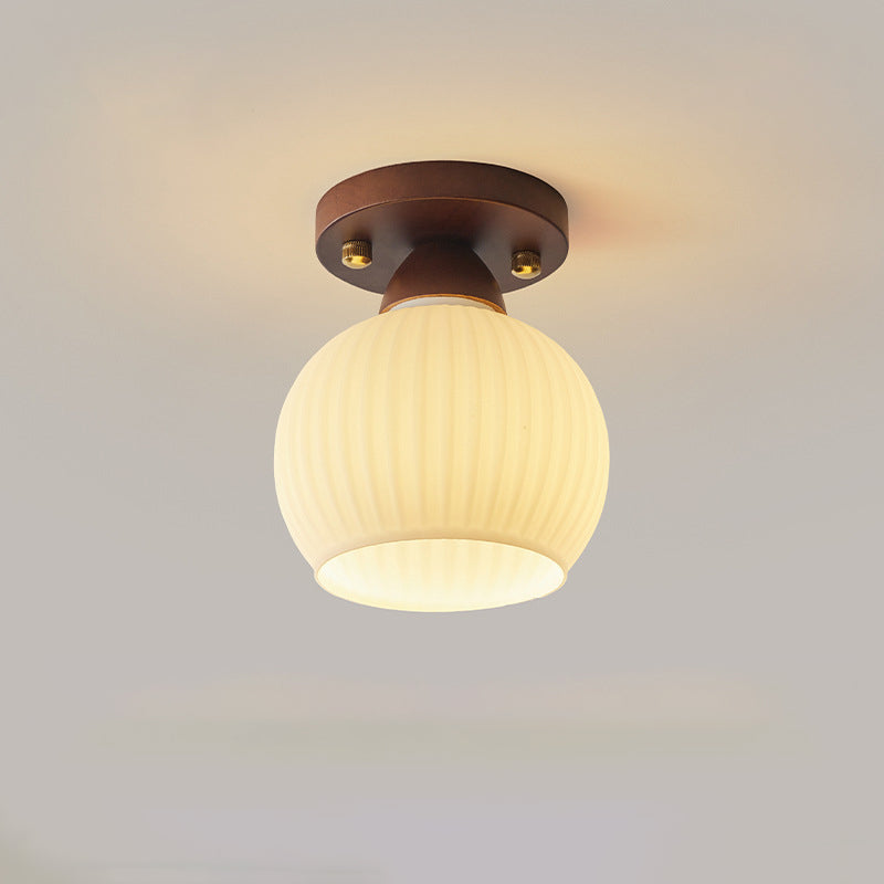 Contemporary Retro Petal Domed Round Vertical Grain Glass Shade Wood Frame 1-Light Semi-Flush Mount Ceiling Light For Living Room