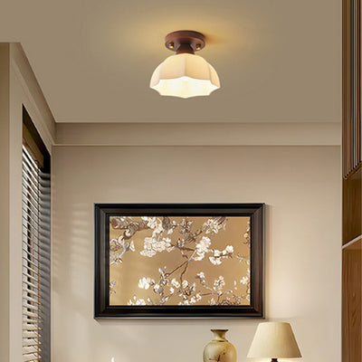 Contemporary Retro Petal Domed Round Vertical Grain Glass Shade Wood Frame 1-Light Semi-Flush Mount Ceiling Light For Living Room