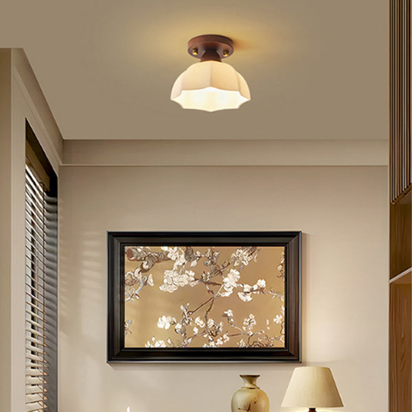 Contemporary Retro Petal Domed Round Vertical Grain Glass Shade Wood Frame 1-Light Semi-Flush Mount Ceiling Light For Living Room