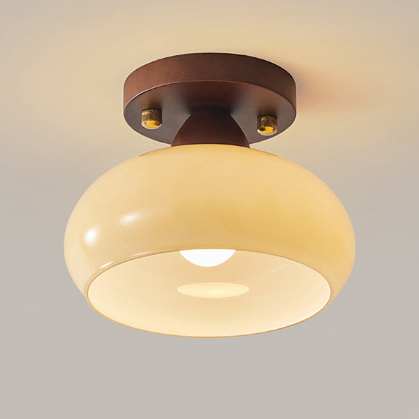 Contemporary Retro Petal Domed Round Vertical Grain Glass Shade Wood Frame 1-Light Semi-Flush Mount Ceiling Light For Living Room