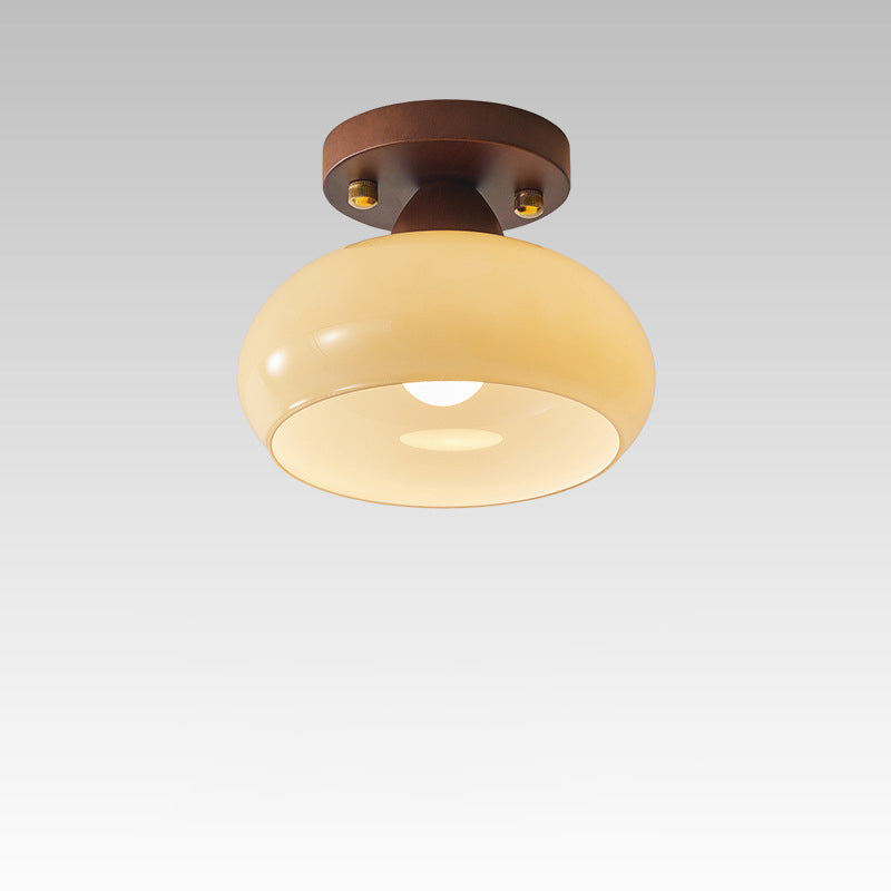 Contemporary Retro Petal Domed Round Vertical Grain Glass Shade Wood Frame 1-Light Semi-Flush Mount Ceiling Light For Living Room