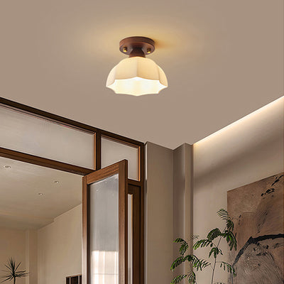 Contemporary Retro Petal Domed Round Vertical Grain Glass Shade Wood Frame 1-Light Semi-Flush Mount Ceiling Light For Living Room