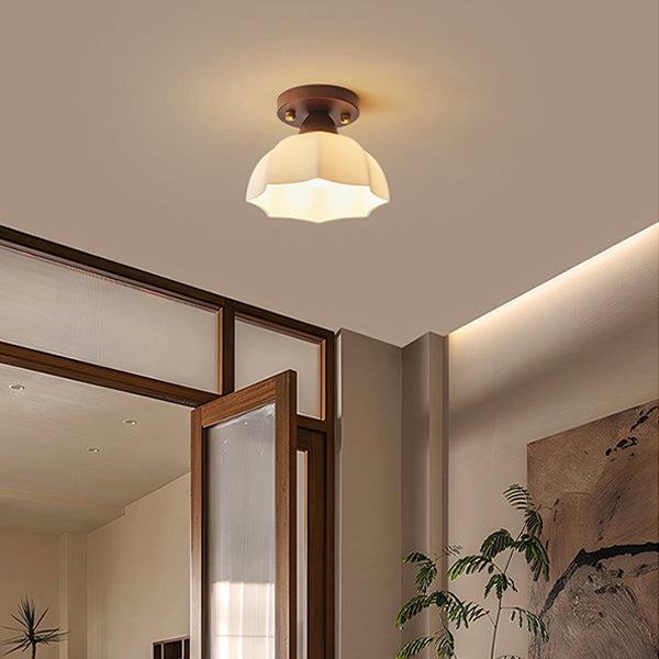 Contemporary Retro Petal Domed Round Vertical Grain Glass Shade Wood Frame 1-Light Semi-Flush Mount Ceiling Light For Living Room