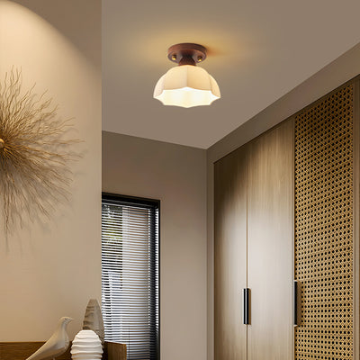 Contemporary Retro Petal Domed Round Vertical Grain Glass Shade Wood Frame 1-Light Semi-Flush Mount Ceiling Light For Living Room