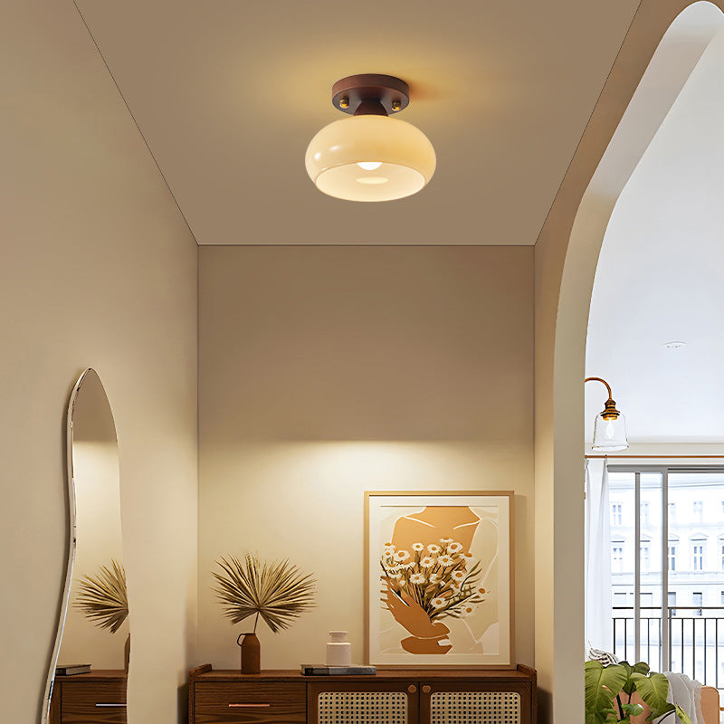 Contemporary Retro Petal Domed Round Vertical Grain Glass Shade Wood Frame 1-Light Semi-Flush Mount Ceiling Light For Living Room