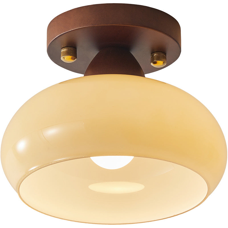 Contemporary Retro Petal Domed Round Vertical Grain Glass Shade Wood Frame 1-Light Semi-Flush Mount Ceiling Light For Living Room