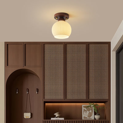 Contemporary Retro Petal Domed Round Vertical Grain Glass Shade Wood Frame 1-Light Semi-Flush Mount Ceiling Light For Living Room