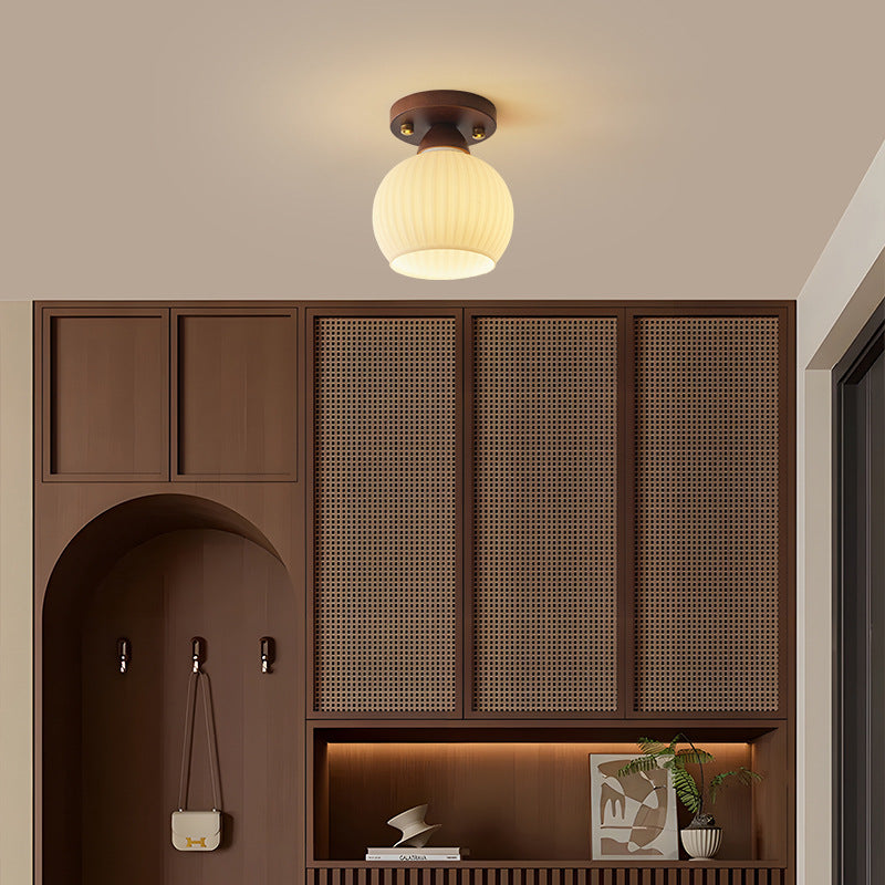 Contemporary Retro Petal Domed Round Vertical Grain Glass Shade Wood Frame 1-Light Semi-Flush Mount Ceiling Light For Living Room