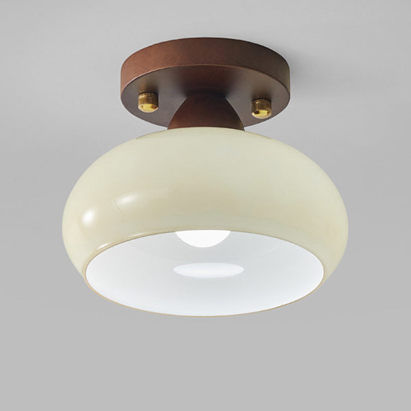 Contemporary Retro Petal Domed Round Vertical Grain Glass Shade Wood Frame 1-Light Semi-Flush Mount Ceiling Light For Living Room