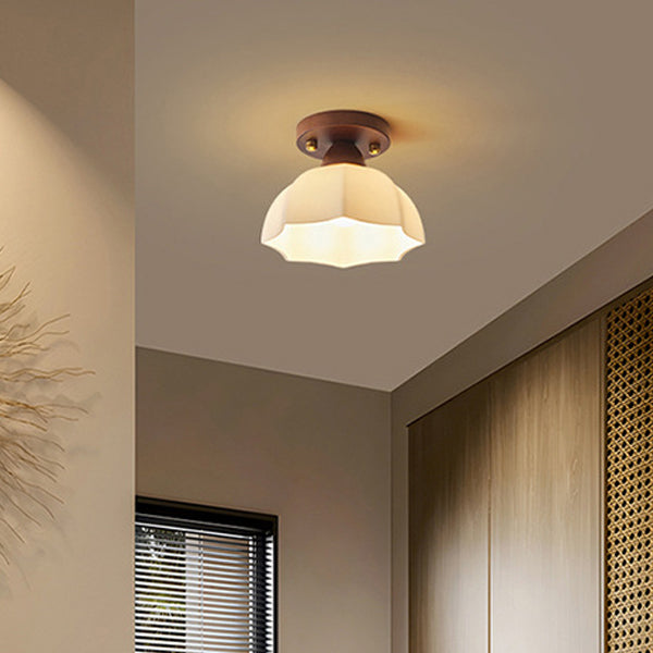 Contemporary Retro Petal Domed Round Vertical Grain Glass Shade Wood Frame 1-Light Semi-Flush Mount Ceiling Light For Living Room