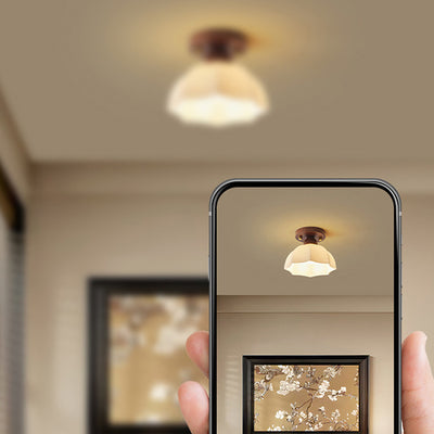 Contemporary Retro Petal Domed Round Vertical Grain Glass Shade Wood Frame 1-Light Semi-Flush Mount Ceiling Light For Living Room