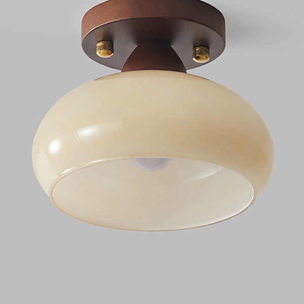 Contemporary Retro Petal Domed Round Vertical Grain Glass Shade Wood Frame 1-Light Semi-Flush Mount Ceiling Light For Living Room