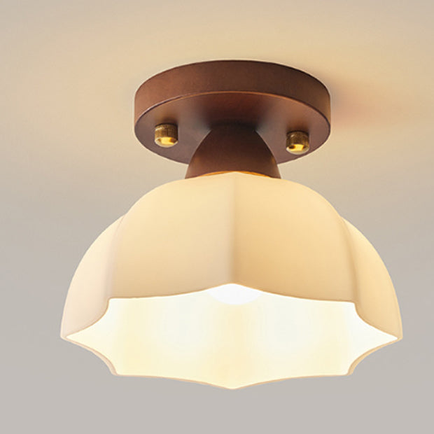 Contemporary Retro Petal Domed Round Vertical Grain Glass Shade Wood Frame 1-Light Semi-Flush Mount Ceiling Light For Living Room