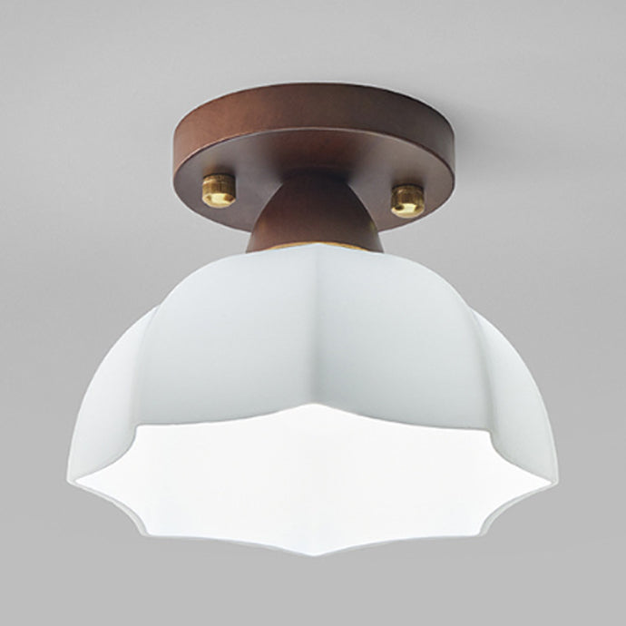 Contemporary Retro Petal Domed Round Vertical Grain Glass Shade Wood Frame 1-Light Semi-Flush Mount Ceiling Light For Living Room