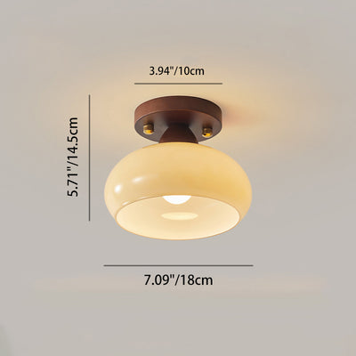 Contemporary Retro Petal Domed Round Vertical Grain Glass Shade Wood Frame 1-Light Semi-Flush Mount Ceiling Light For Living Room