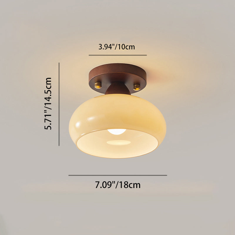 Contemporary Retro Petal Domed Round Vertical Grain Glass Shade Wood Frame 1-Light Semi-Flush Mount Ceiling Light For Living Room