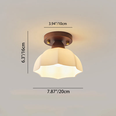 Contemporary Retro Petal Domed Round Vertical Grain Glass Shade Wood Frame 1-Light Semi-Flush Mount Ceiling Light For Living Room