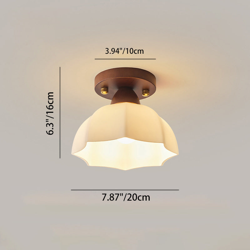 Contemporary Retro Petal Domed Round Vertical Grain Glass Shade Wood Frame 1-Light Semi-Flush Mount Ceiling Light For Living Room