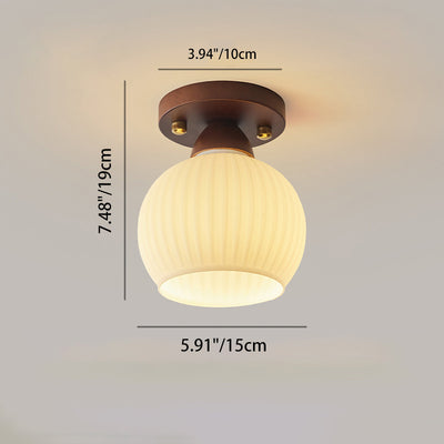 Contemporary Retro Petal Domed Round Vertical Grain Glass Shade Wood Frame 1-Light Semi-Flush Mount Ceiling Light For Living Room