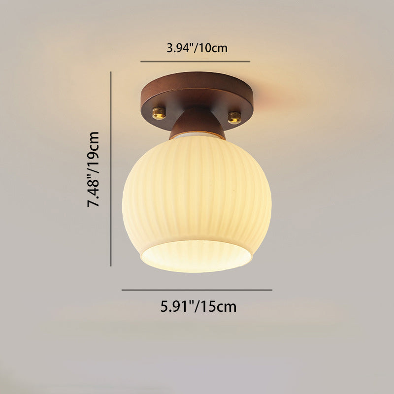 Contemporary Retro Petal Domed Round Vertical Grain Glass Shade Wood Frame 1-Light Semi-Flush Mount Ceiling Light For Living Room