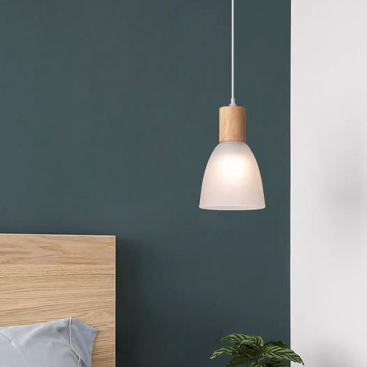 Contemporary Nordic Round Dome Wood Glass Shade 1-Light Pendant Light For Living Room