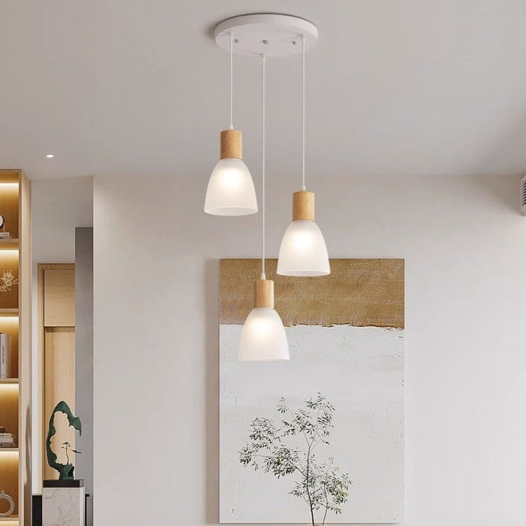 Zeitgenössische nordische runde Kuppel mit Holzsockel und Glasschirm, 3-flammige Kronleuchter für das Esszimmer 