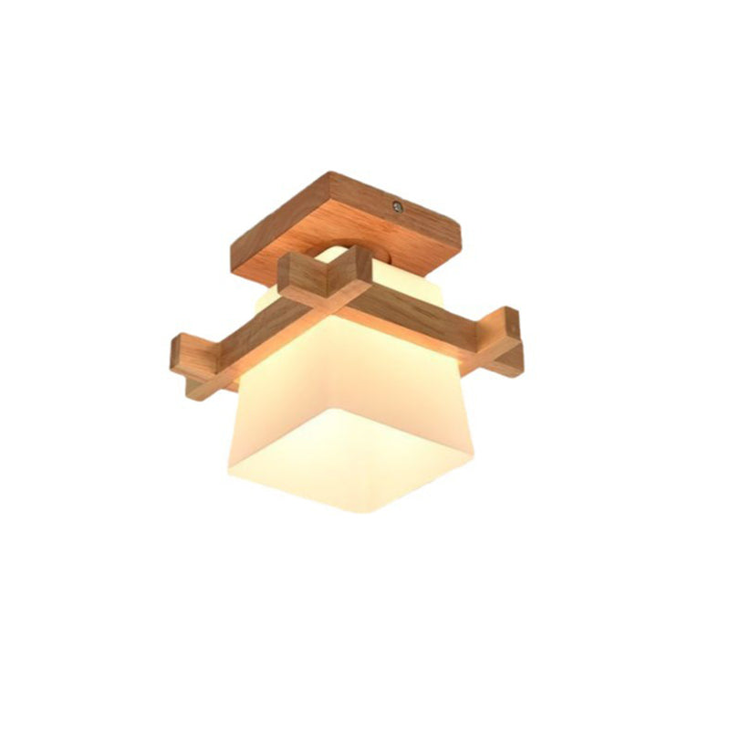 Abat-jour en verre trapézoïdal chinois traditionnel Bois Plafonnier semi-encastré 1 lumière pour chambre 