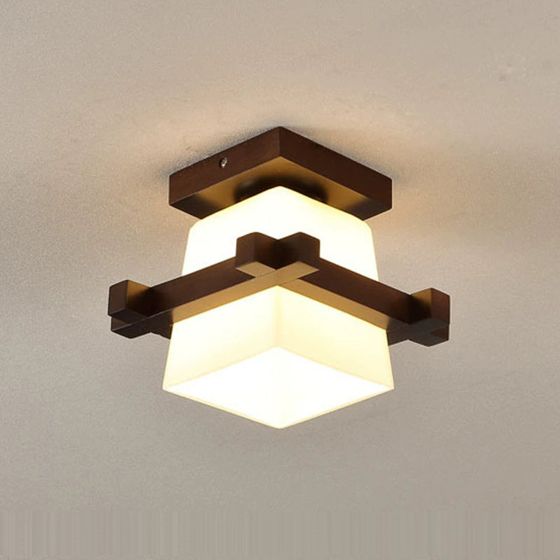 Abat-jour en verre trapézoïdal chinois traditionnel Bois Plafonnier semi-encastré 1 lumière pour chambre 
