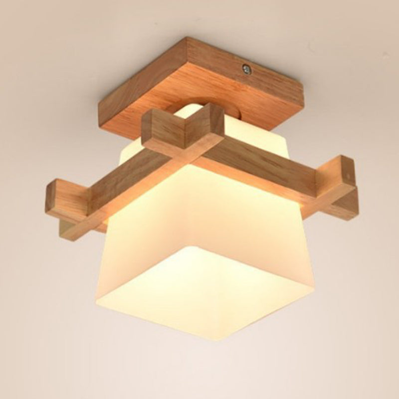 Abat-jour en verre trapézoïdal chinois traditionnel Bois Plafonnier semi-encastré 1 lumière pour chambre 