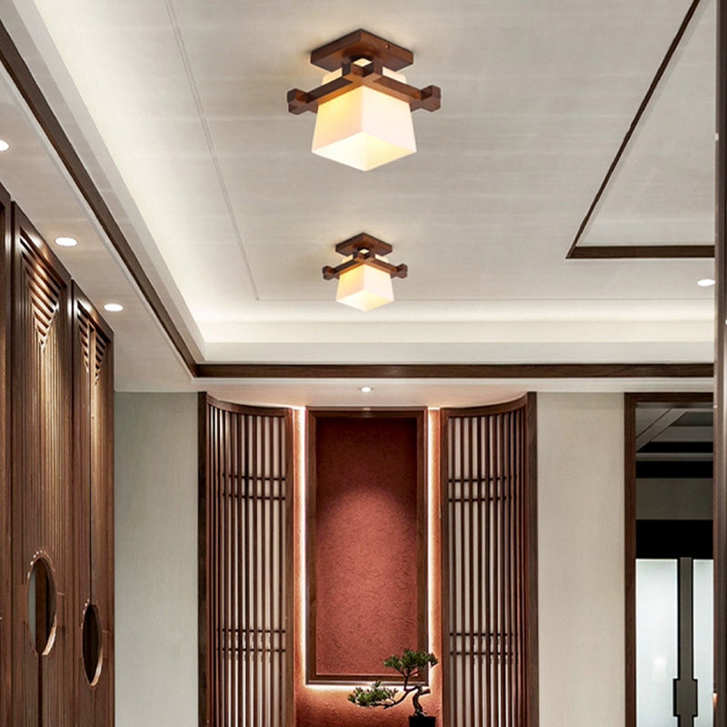 Abat-jour en verre trapézoïdal chinois traditionnel Bois Plafonnier semi-encastré 1 lumière pour chambre 