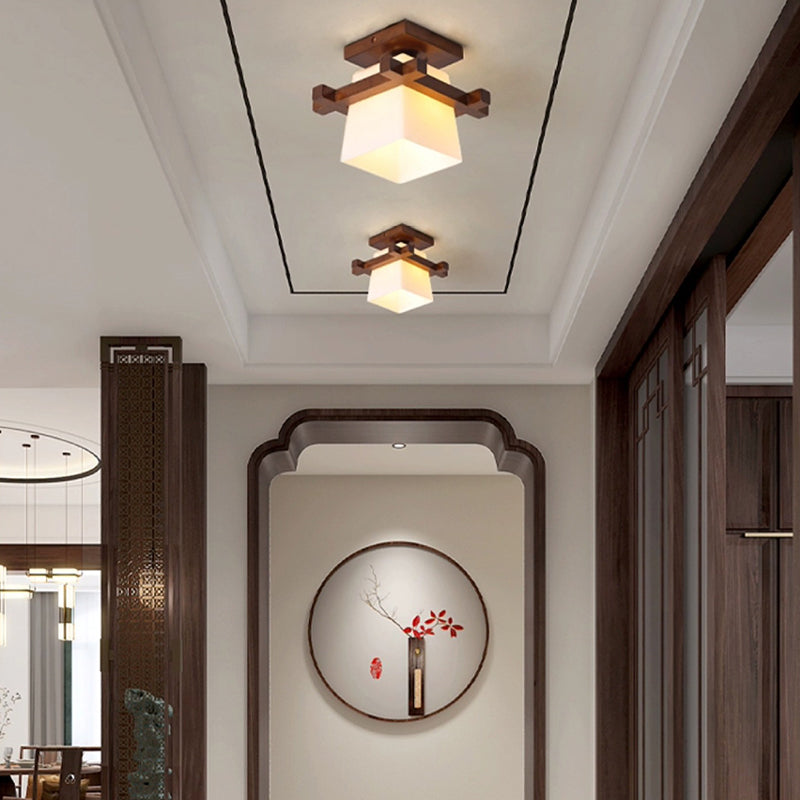 Abat-jour en verre trapézoïdal chinois traditionnel Bois Plafonnier semi-encastré 1 lumière pour chambre 