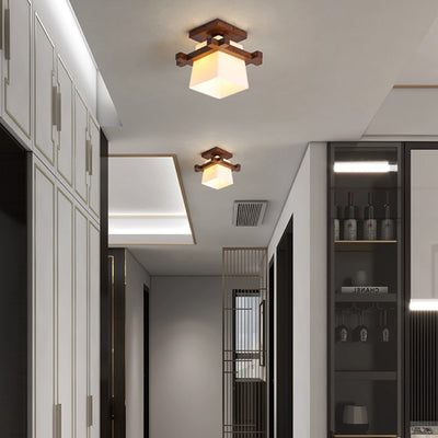 Abat-jour en verre trapézoïdal chinois traditionnel Bois Plafonnier semi-encastré 1 lumière pour chambre 