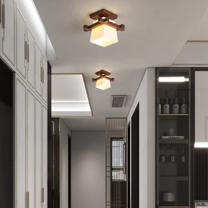 Abat-jour en verre trapézoïdal chinois traditionnel Bois Plafonnier semi-encastré 1 lumière pour chambre 