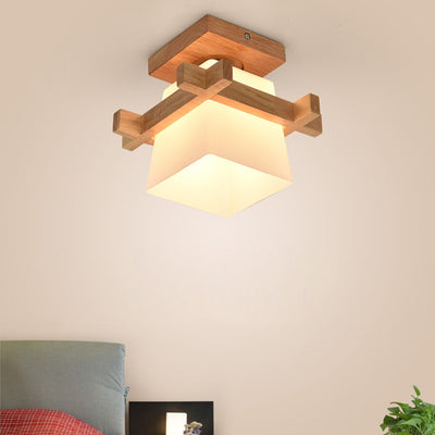 Abat-jour en verre trapézoïdal chinois traditionnel Bois Plafonnier semi-encastré 1 lumière pour chambre 