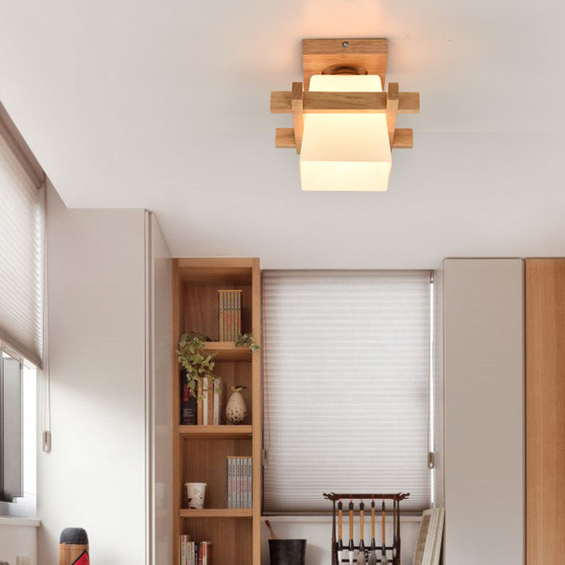 Abat-jour en verre trapézoïdal chinois traditionnel Bois Plafonnier semi-encastré 1 lumière pour chambre 