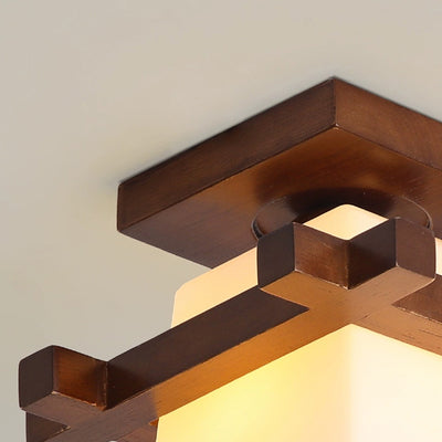 Abat-jour en verre trapézoïdal chinois traditionnel Bois Plafonnier semi-encastré 1 lumière pour chambre 