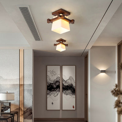 Abat-jour en verre trapézoïdal chinois traditionnel Bois Plafonnier semi-encastré 1 lumière pour chambre 