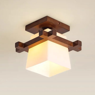 Abat-jour en verre trapézoïdal chinois traditionnel Bois Plafonnier semi-encastré 1 lumière pour chambre 