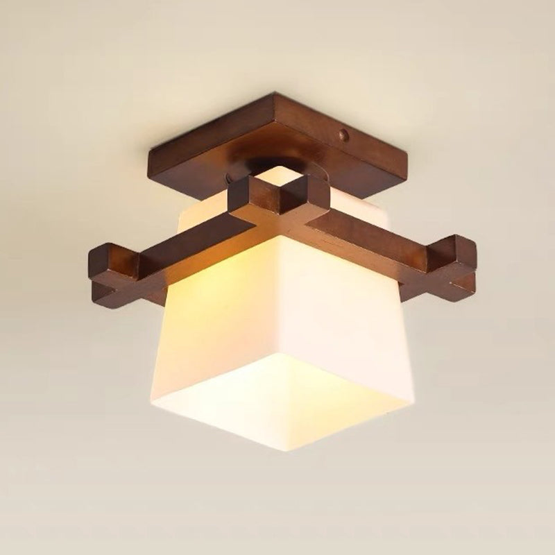 Abat-jour en verre trapézoïdal chinois traditionnel Bois Plafonnier semi-encastré 1 lumière pour chambre 