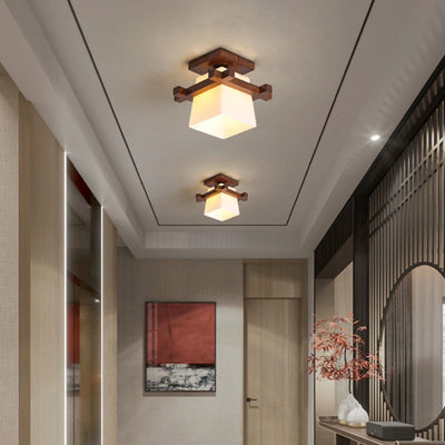 Abat-jour en verre trapézoïdal chinois traditionnel Bois Plafonnier semi-encastré 1 lumière pour chambre 