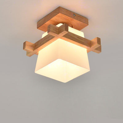 Abat-jour en verre trapézoïdal chinois traditionnel Bois Plafonnier semi-encastré 1 lumière pour chambre 